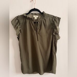 Ruffle Sleeve Olive Green Polka Dot Blouse with Tie Neck